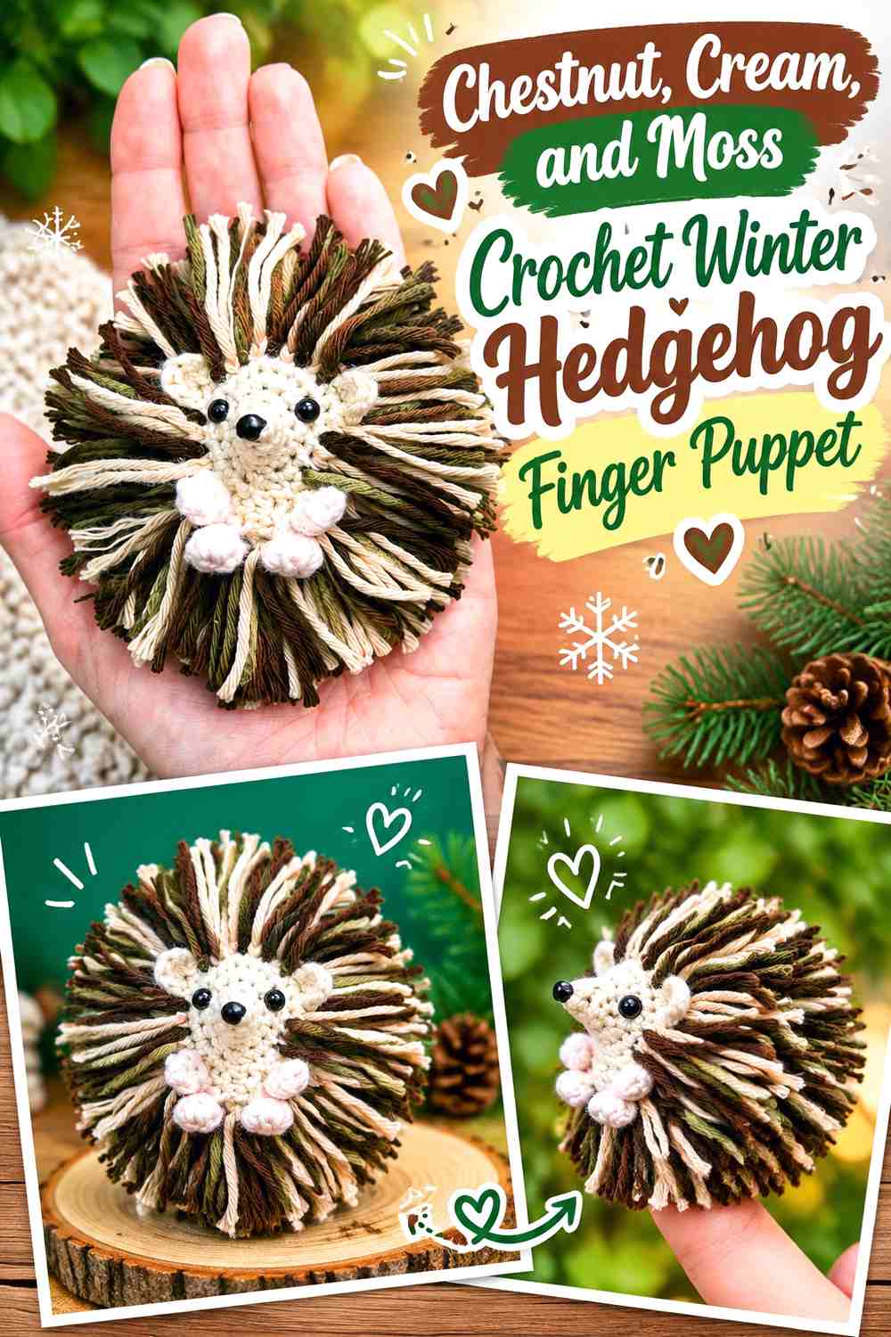 Chestnut, Cream, and Moss Crochet Winter Hedgehog Finger Puppet