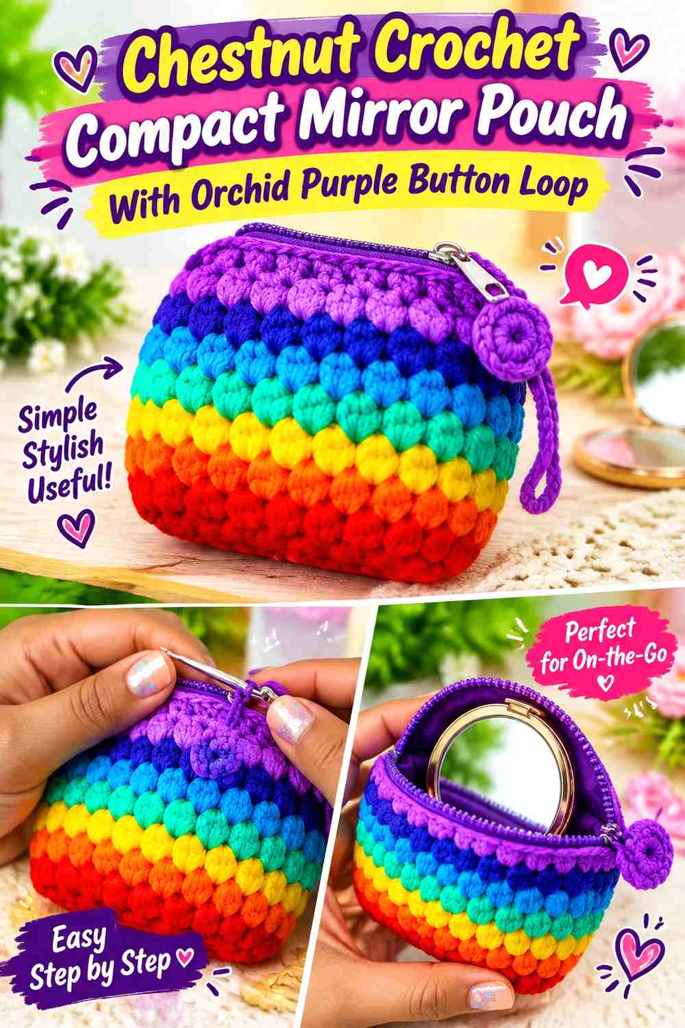 2. Chestnut Crochet Compact Mirror Pouch With Orchid Purple Button Loop