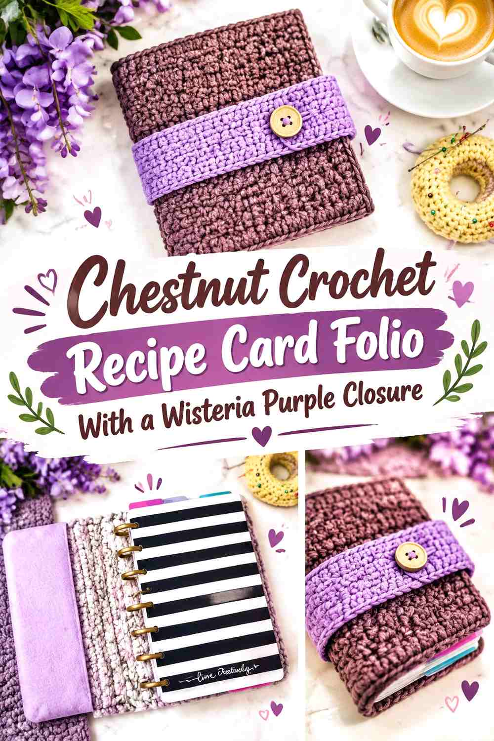 Chestnut Crochet Recipe Card Folio With a Wisteria Purple Closure