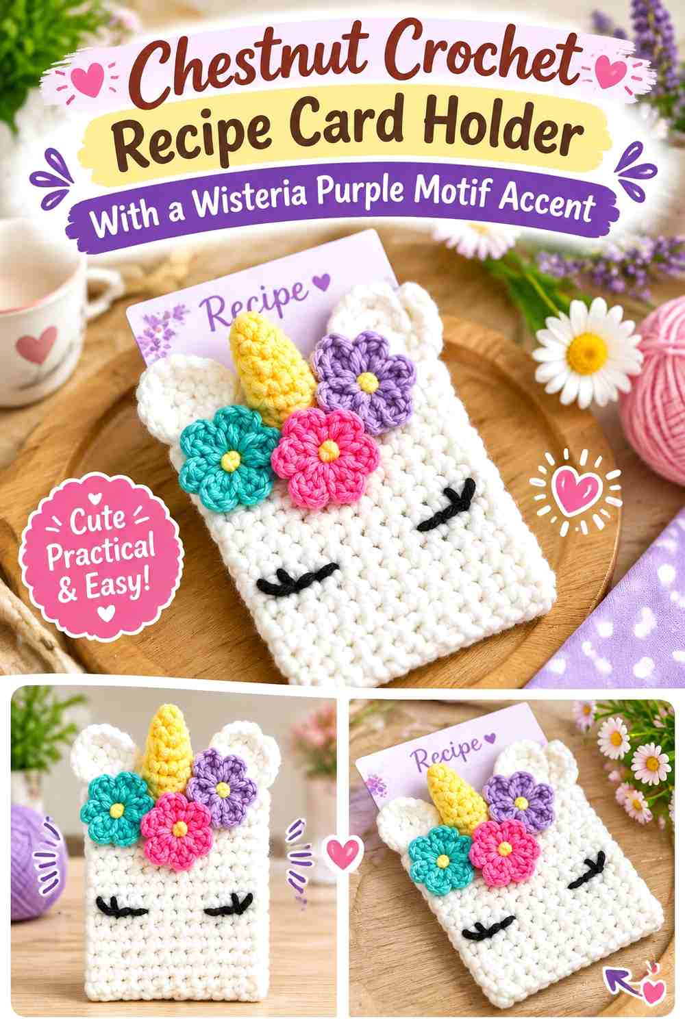 Chestnut Crochet Recipe Card Holder With a Wisteria Purple Motif Accent