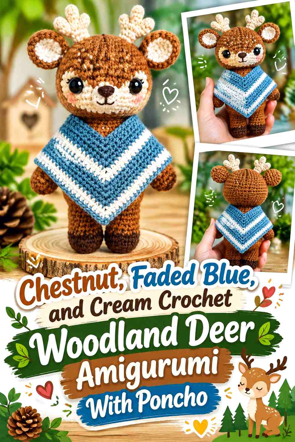 Chestnut, Faded Blue, and Cream Crochet Woodland Deer Amigurumi With Poncho