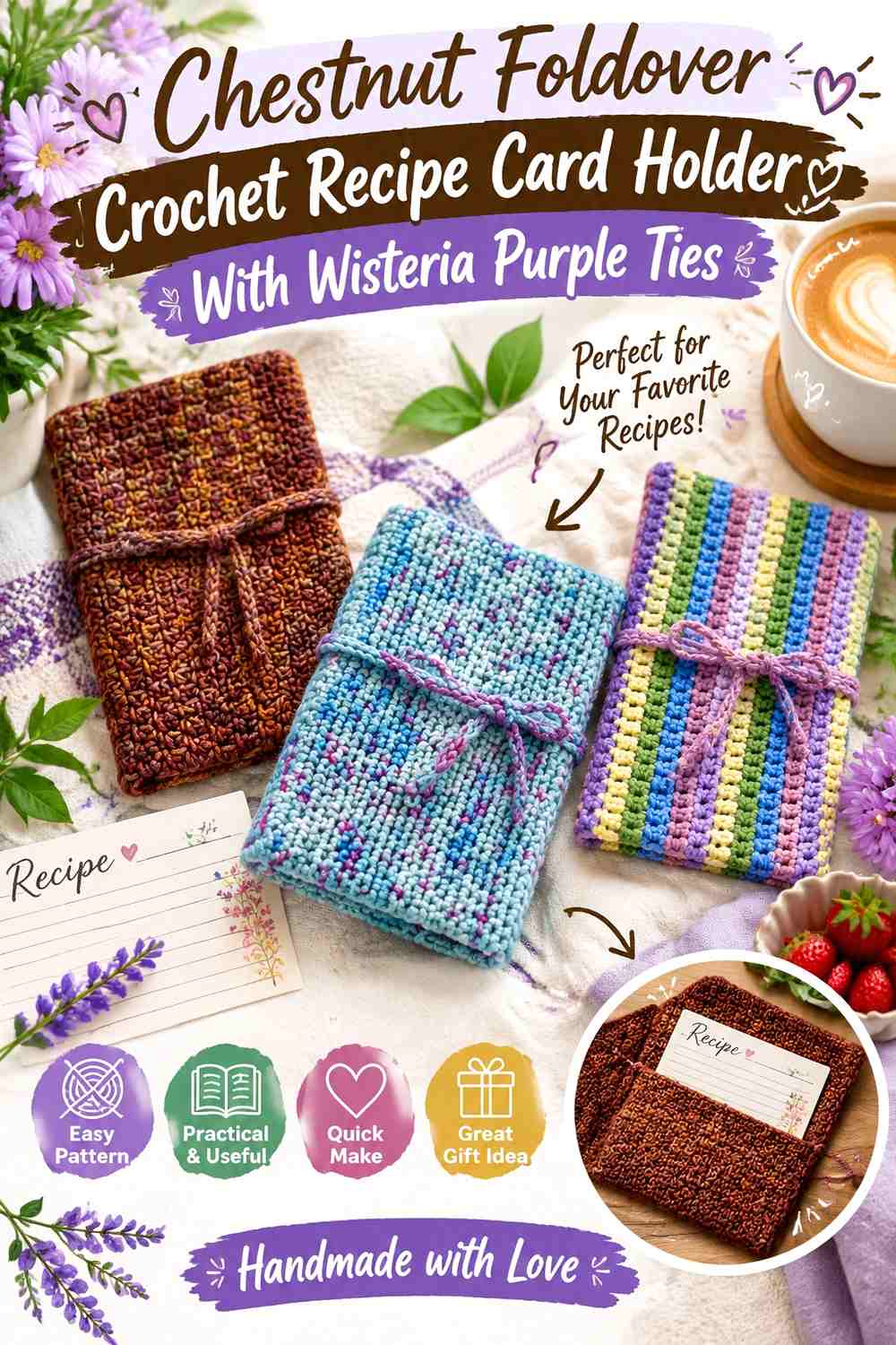Chestnut Foldover Crochet Recipe Card Holder With Wisteria Purple Ties