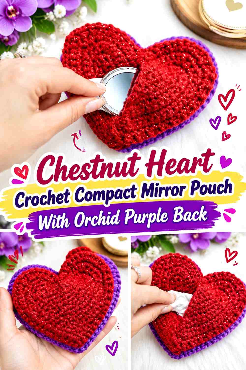 5. Chestnut Heart Crochet Compact Mirror Pouch With Orchid Purple Back
