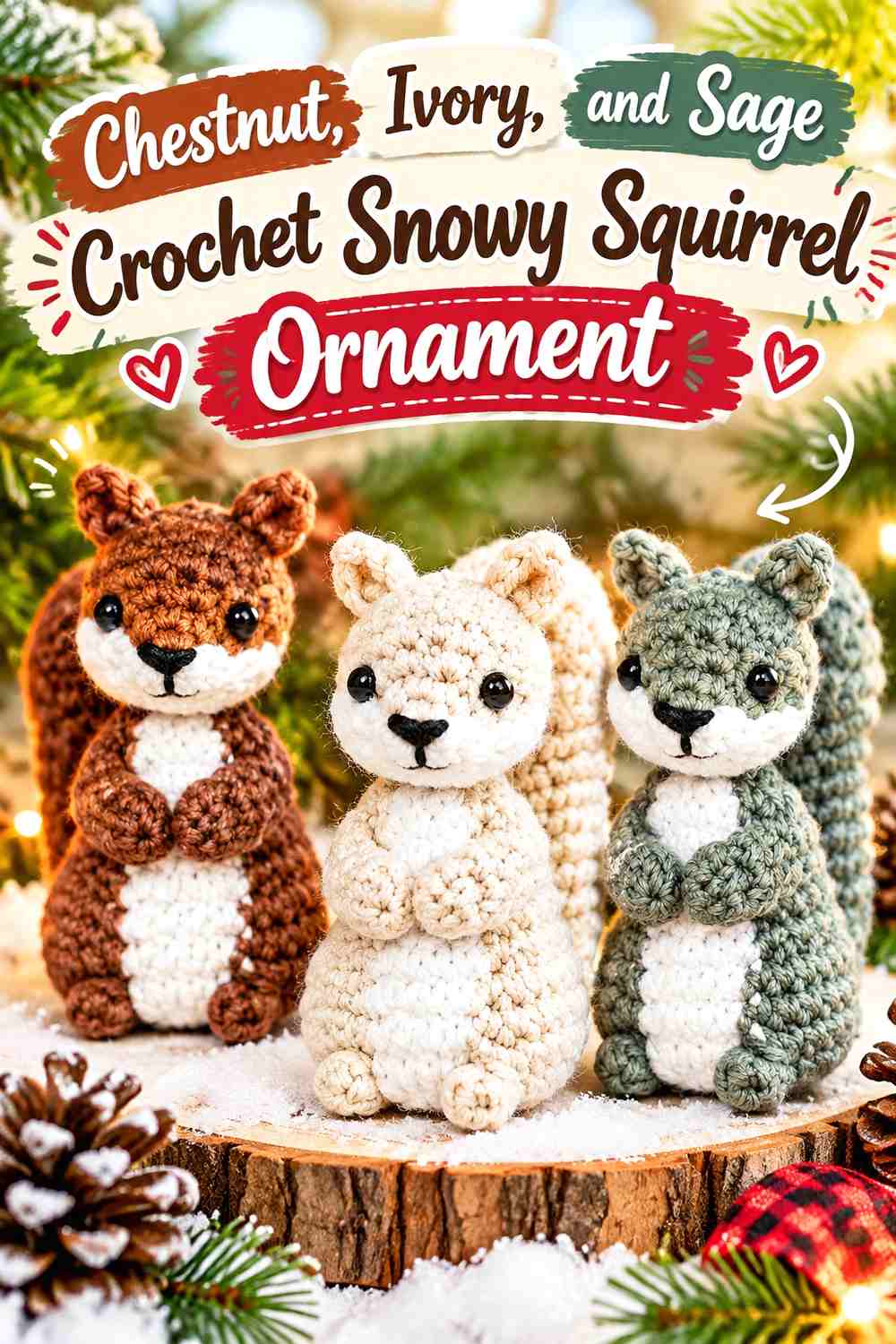 Chestnut, Ivory, and Sage Crochet Snowy Squirrel Ornament