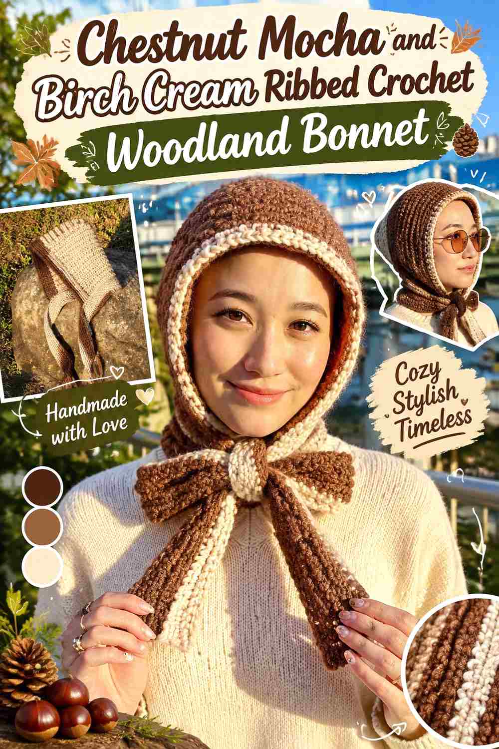 2. Chestnut Mocha And Birch Cream Ribbed Crochet Woodland Bonnet