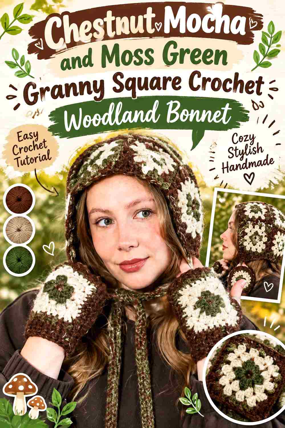1. Chestnut Mocha And Moss Green Granny Square Crochet Woodland Bonnet