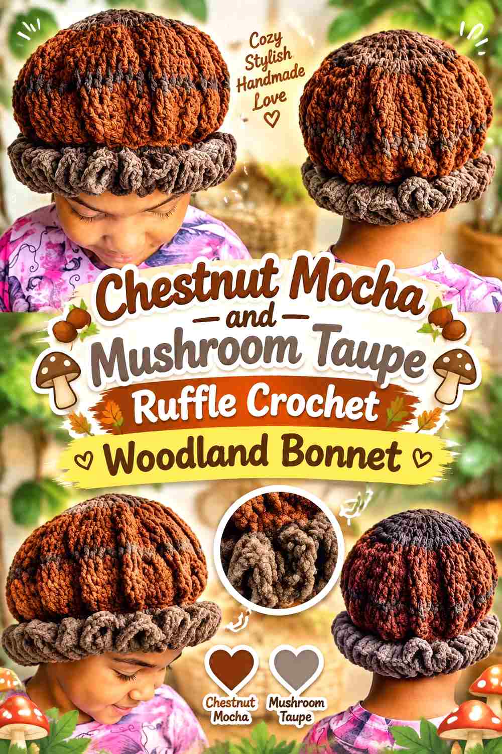 5. Chestnut Mocha And Mushroom Taupe Ruffle Crochet Woodland Bonnet
