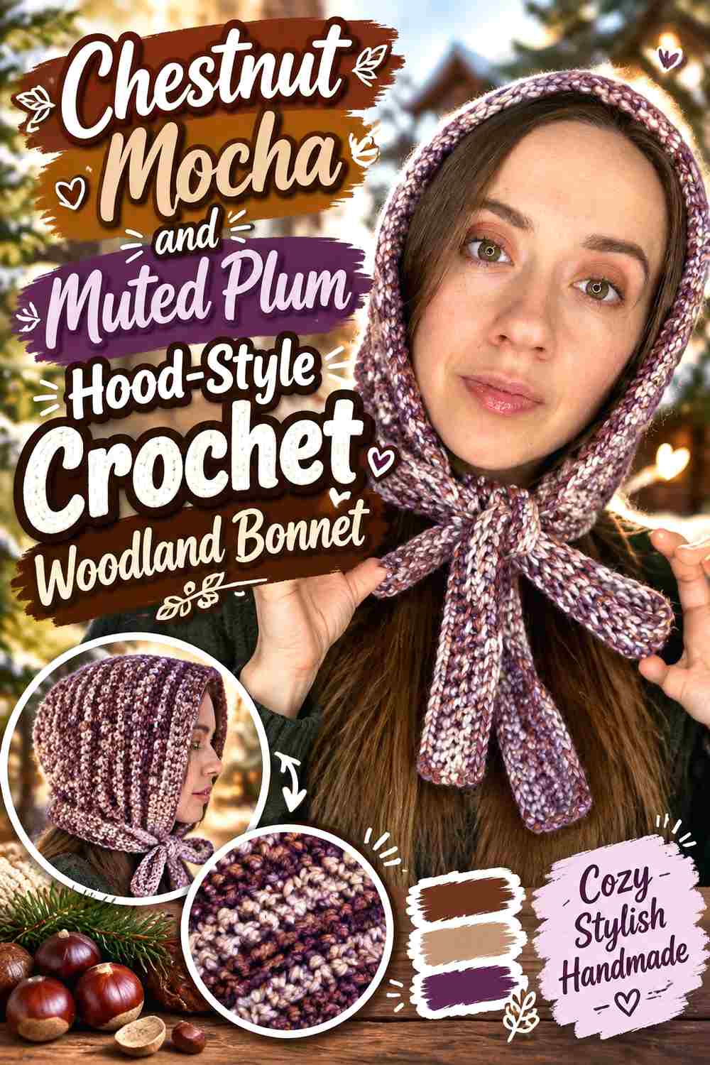 15. Chestnut Mocha And Muted Plum Hood Style Crochet Woodland Bonnet