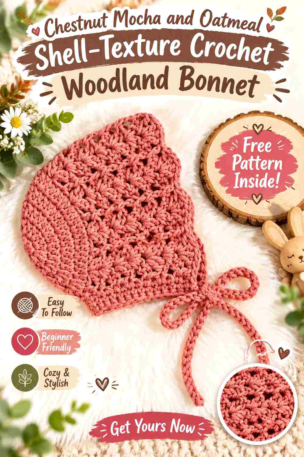7. Chestnut Mocha And Oatmeal Shell Texture Crochet Woodland Bonnet