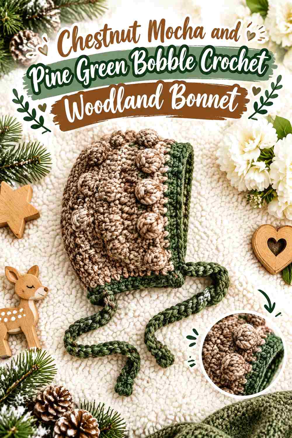 8. Chestnut Mocha And Pine Green Bobble Crochet Woodland Bonnet