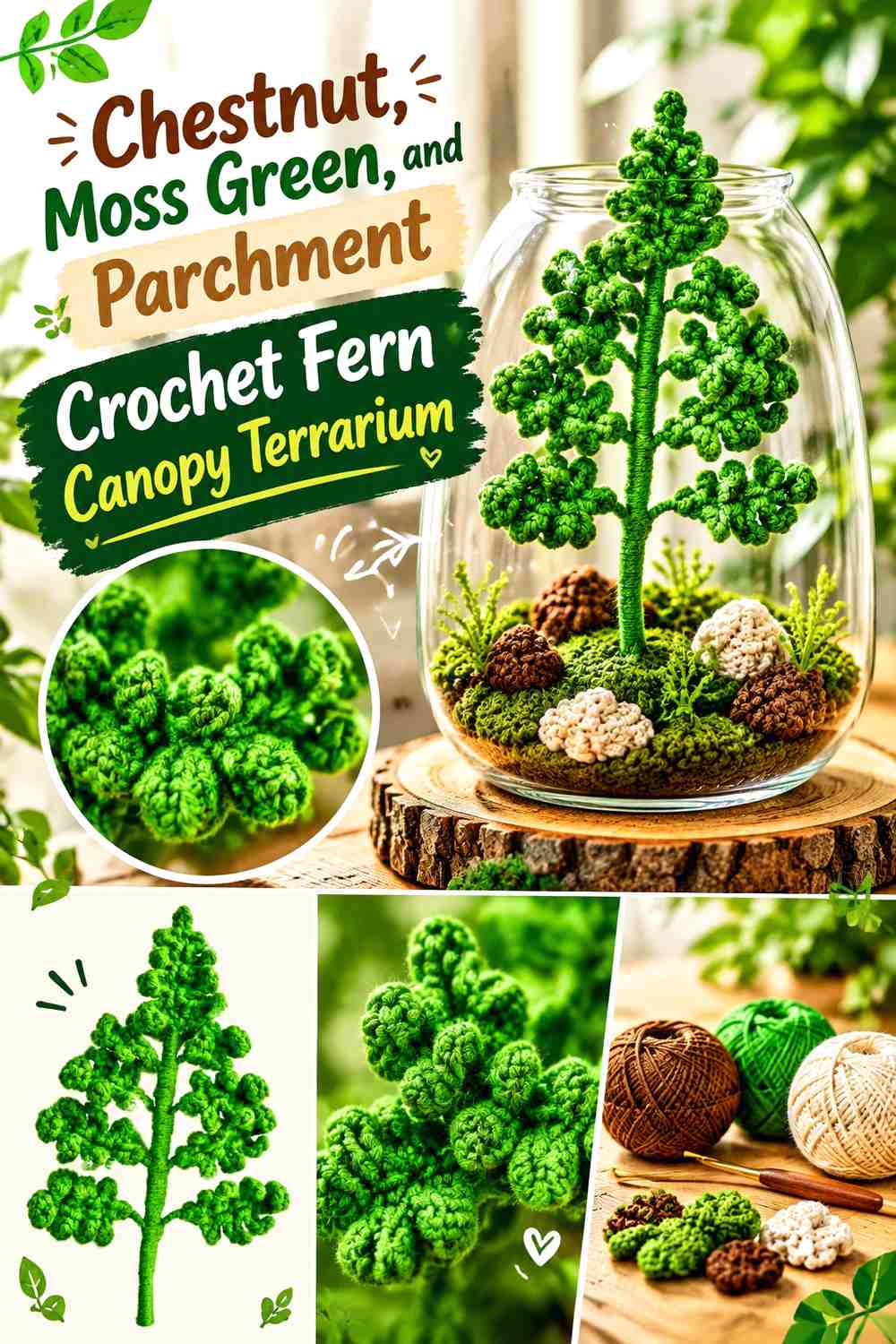 Chestnut, Moss Green, and Parchment Crochet Fern Canopy Terrarium