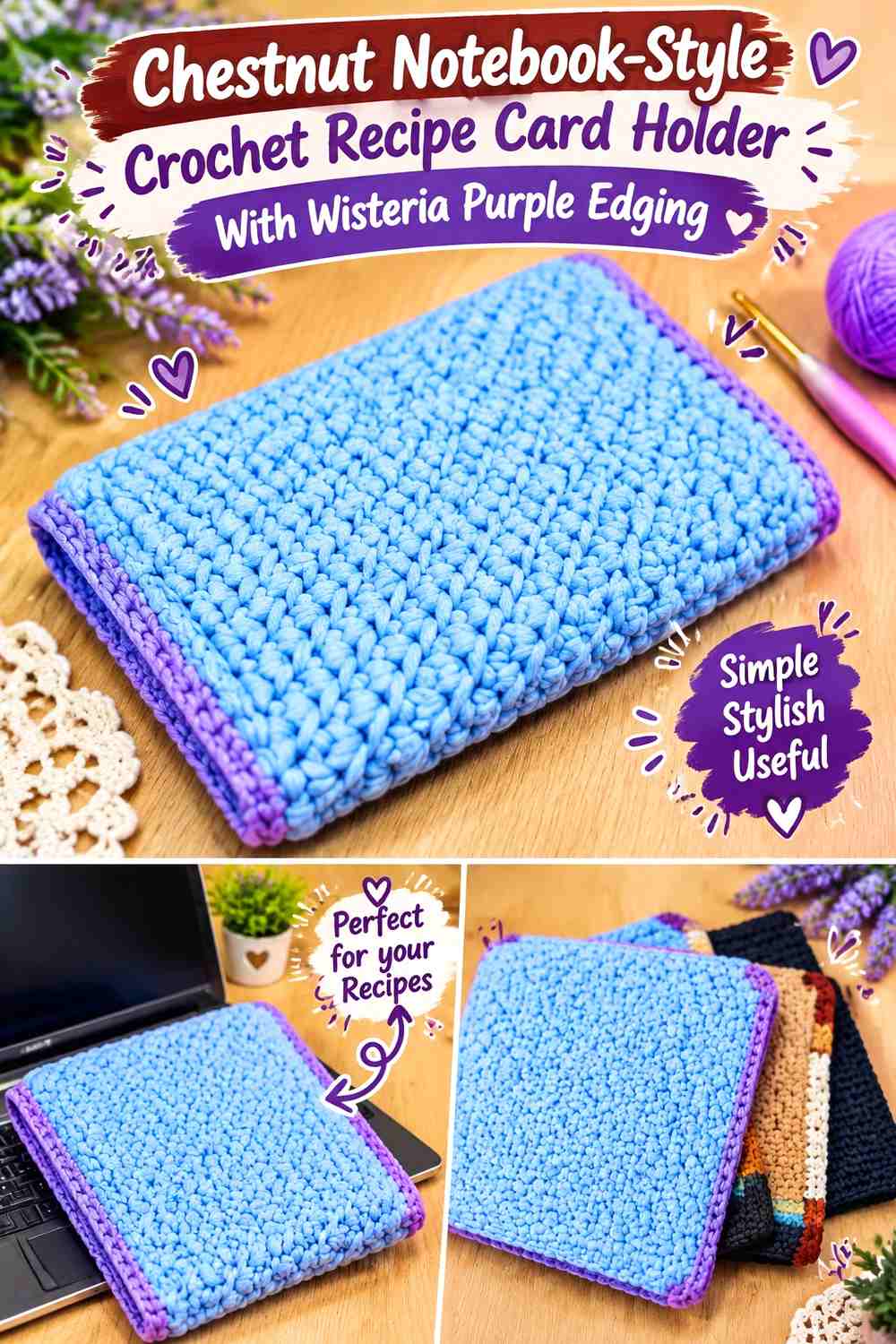 Chestnut Notebook-Style Crochet Recipe Card Holder With Wisteria Purple Edging