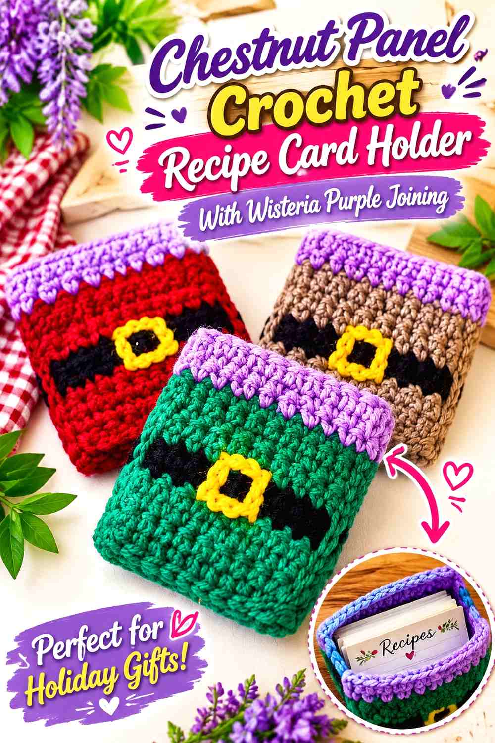 Chestnut Panel Crochet Recipe Card Holder With Wisteria Purple Joining