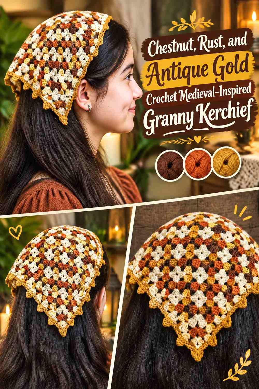 Chestnut, Rust, and Antique Gold Crochet Medieval-Inspired Granny Kerchief