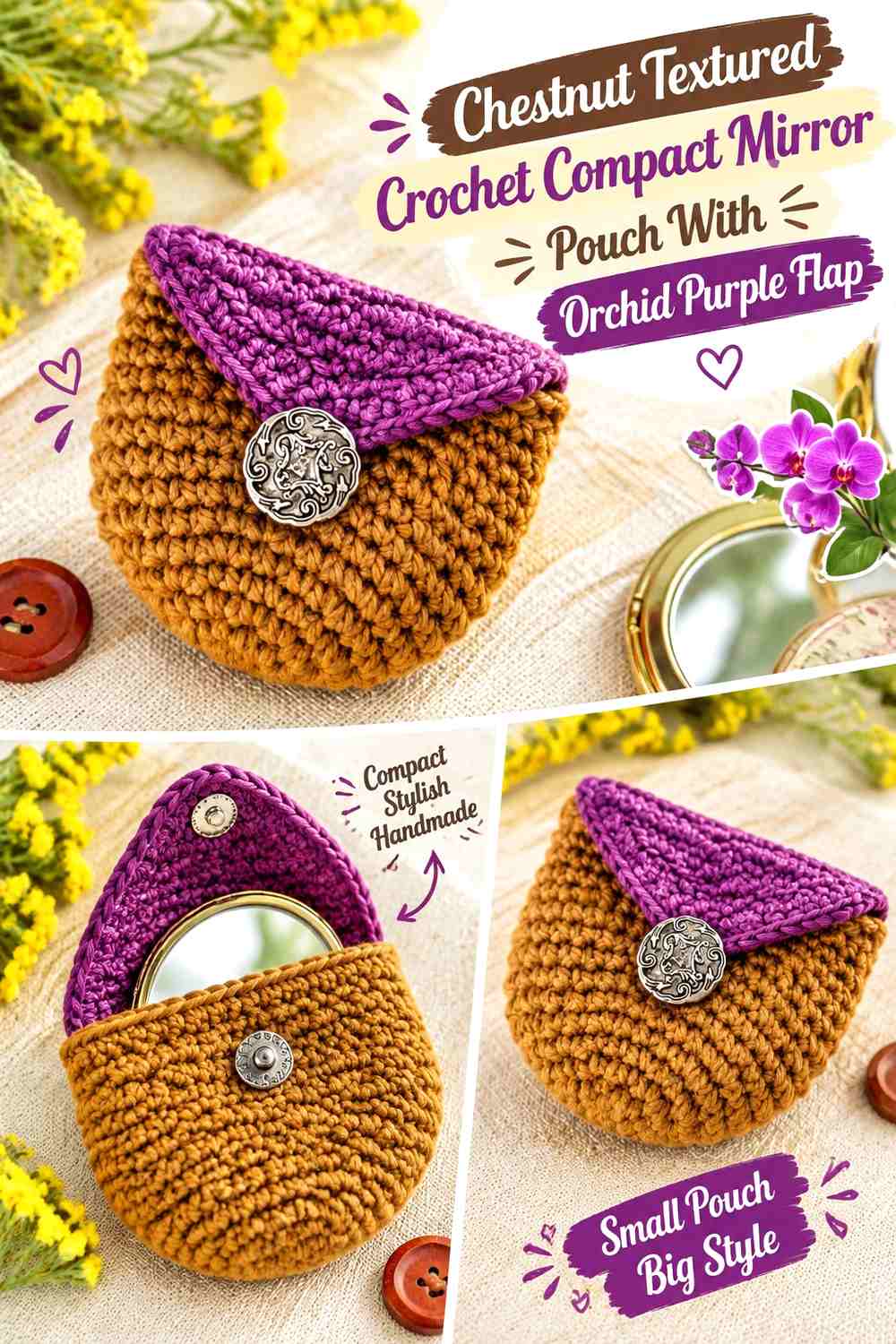 7. Chestnut Textured Crochet Compact Mirror Pouch With Orchid Purple Flap
