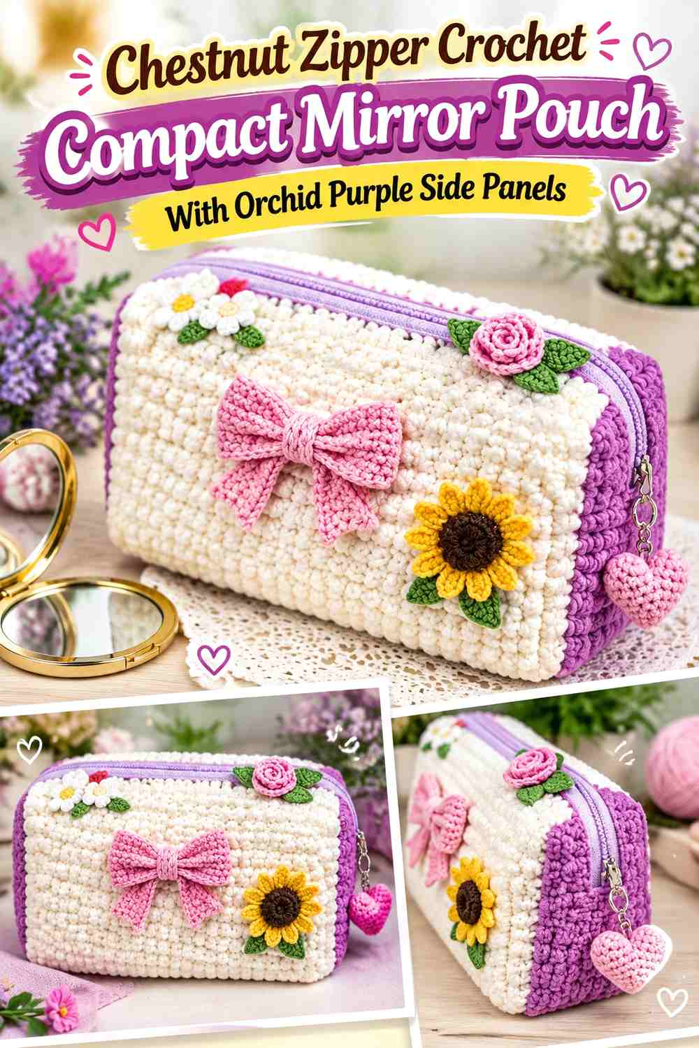 9. Chestnut Zipper Crochet Compact Mirror Pouch With Orchid Purple Side Panels