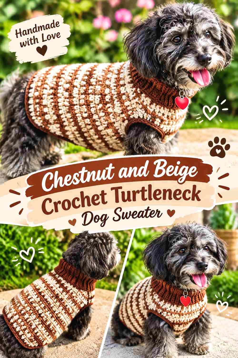 Chestnut and Beige Crochet Turtleneck Dog Sweater