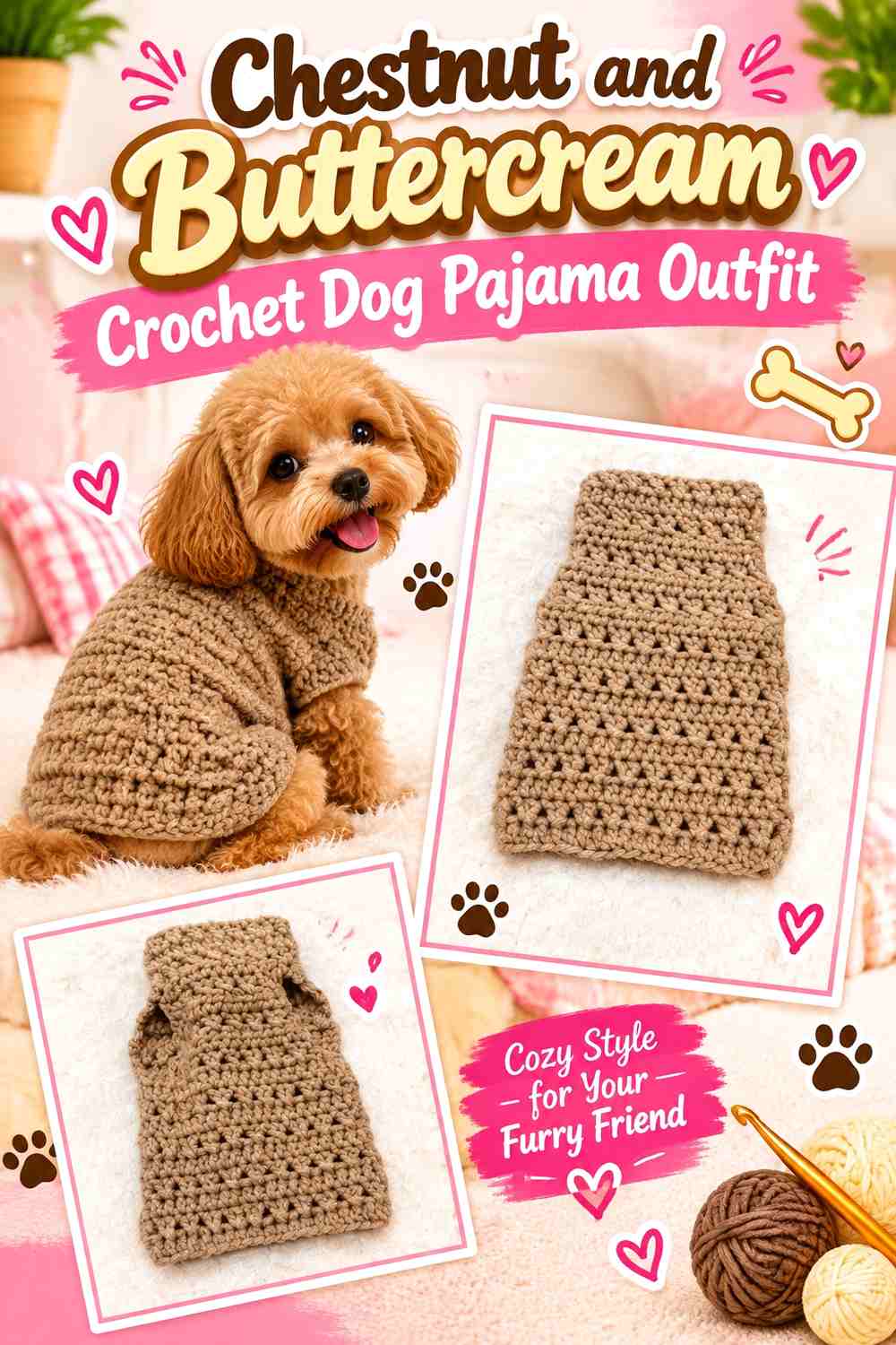 Chestnut and Buttercream Crochet Dog Pajama Outfit