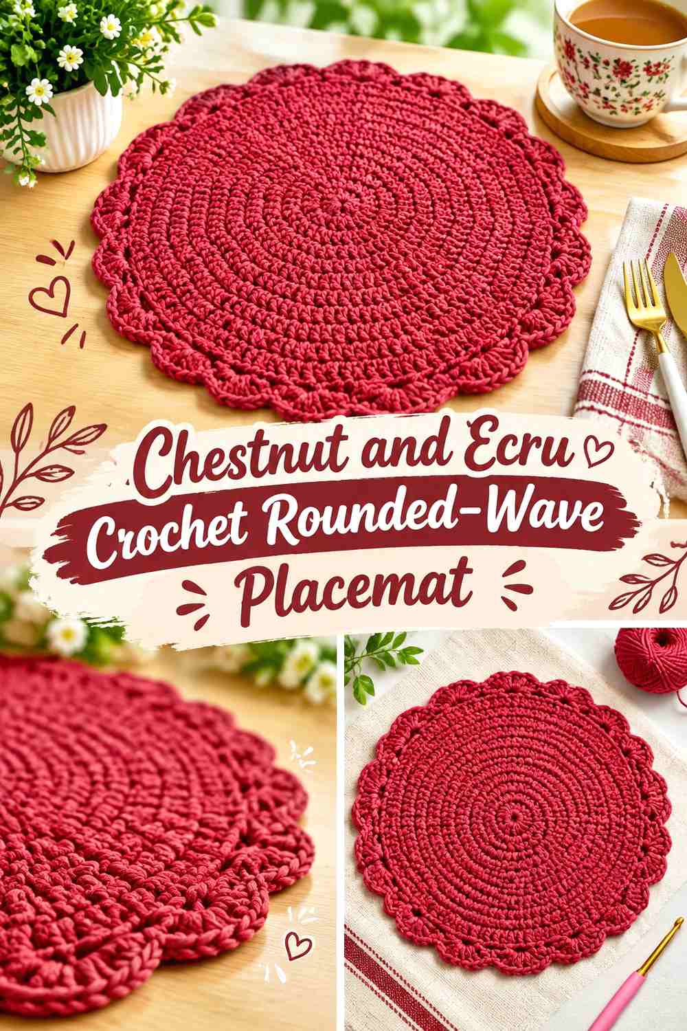 Chestnut and Ecru Crochet Rounded-Wave Placemat