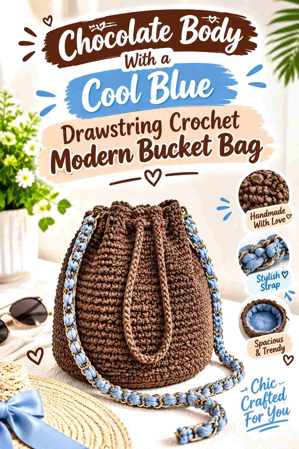 2. Chocolate Body With A Cool Blue Drawstring Crochet Modern Bucket Bag