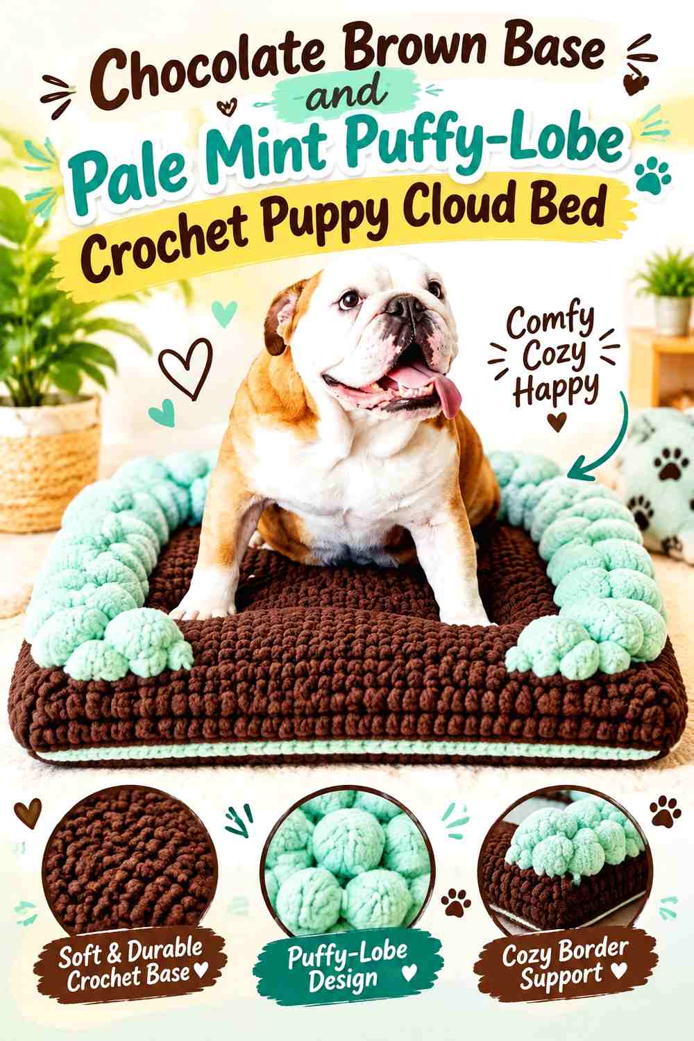 Chocolate Brown Base and Pale Mint Puffy-Lobe Crochet Puppy Cloud Bed