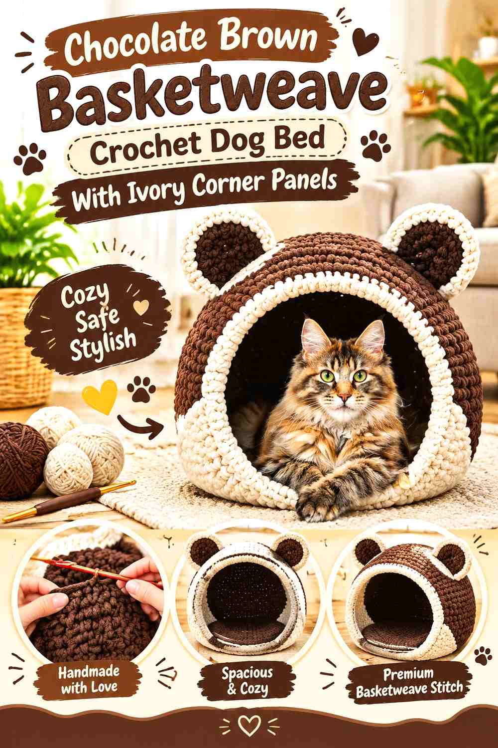 Chocolate Brown Basketweave Crochet Dog Bed With Ivory Corner Panels