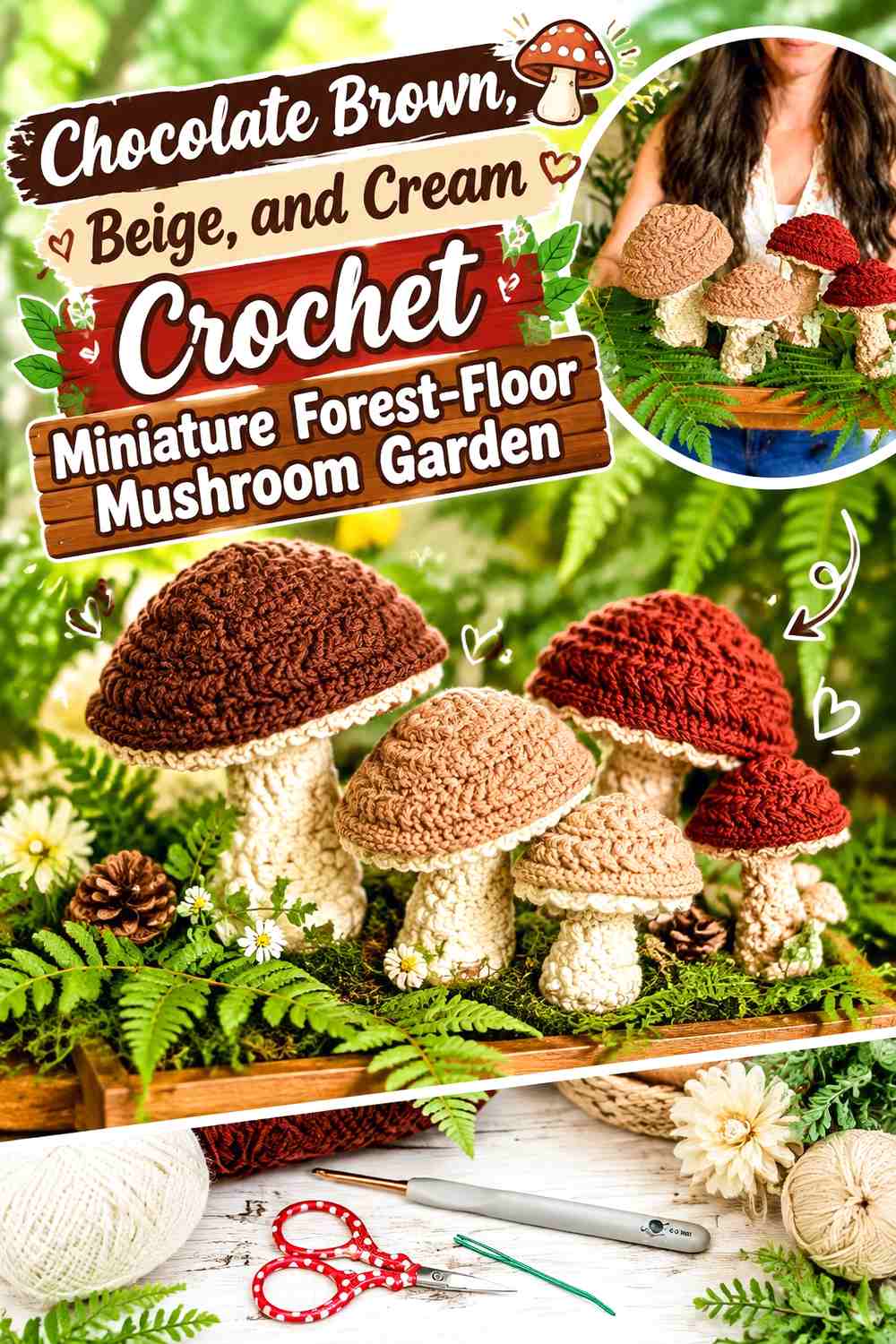 Chocolate Brown, Beige, and Cream Crochet Miniature Forest-Floor Mushroom Garden