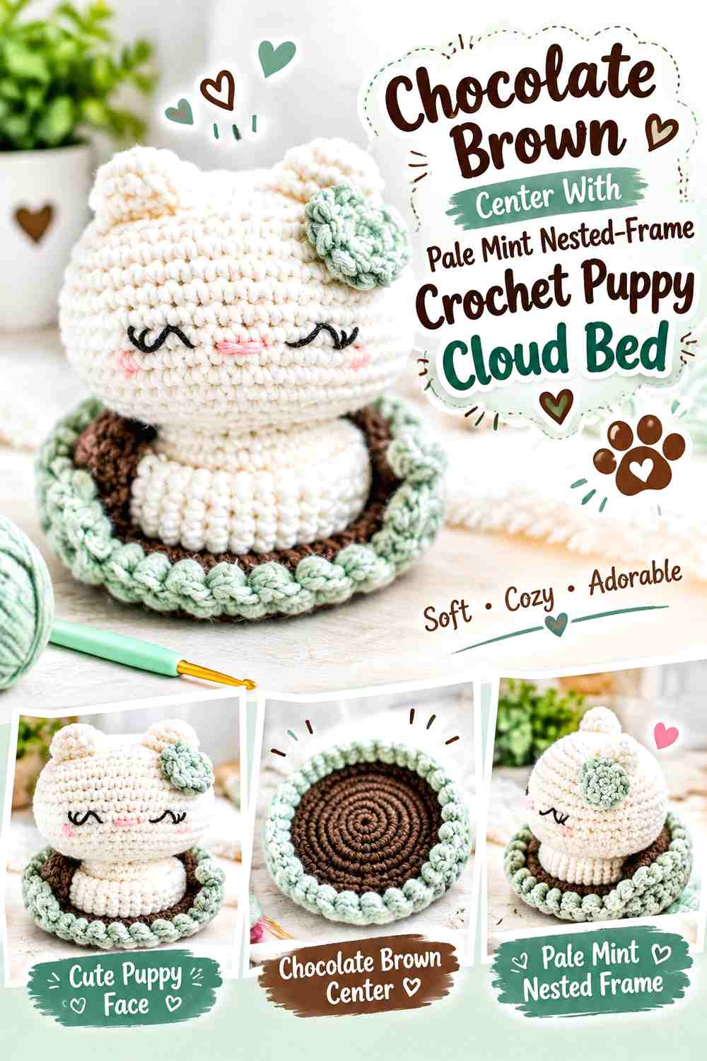 Chocolate Brown Center With Pale Mint Nested-Frame Crochet Puppy Cloud Bed