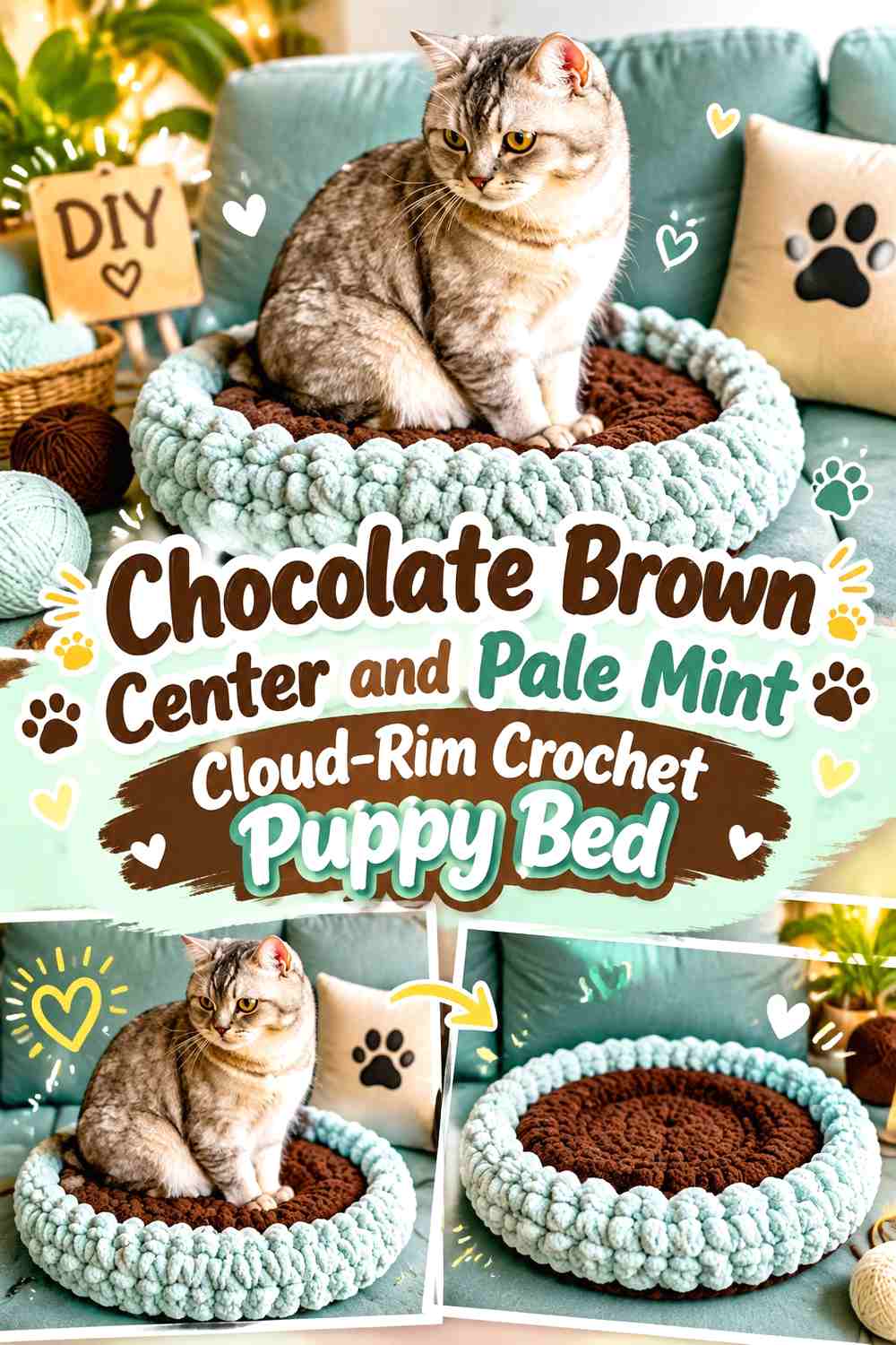 Chocolate Brown Center and Pale Mint Cloud-Rim Crochet Puppy Bed