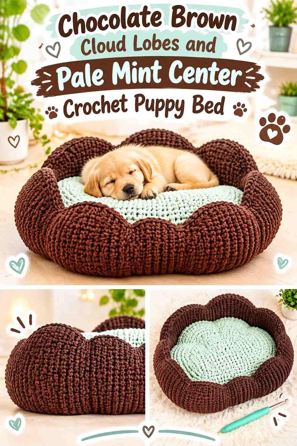 Chocolate Brown Cloud Lobes and Pale Mint Center Crochet Puppy Bed