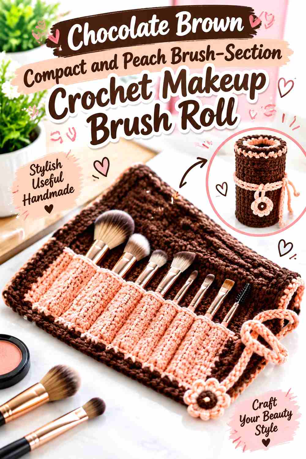11. Chocolate Brown Compact And Peach Brush Section Crochet Makeup Brush Roll
