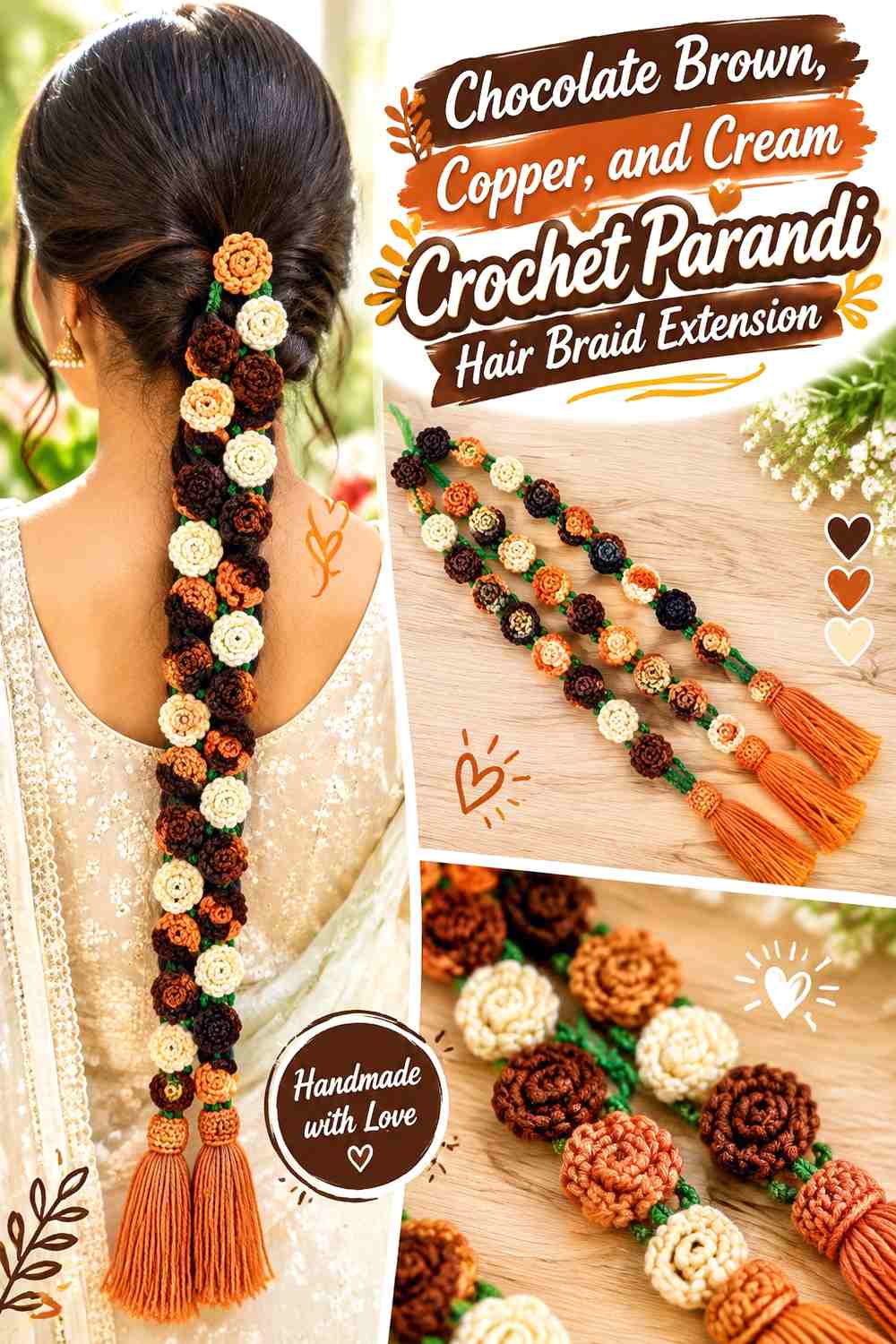 Chocolate Brown, Copper, and Cream Crochet Parandi Hair Braid Extension