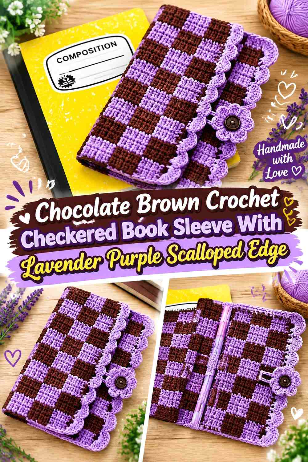 Chocolate Brown Crochet Checkered Book Sleeve With Lavender Purple Scalloped Edge