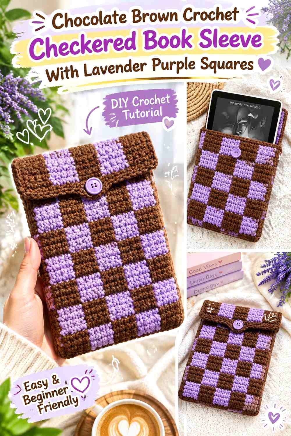 Chocolate Brown Crochet Checkered Book Sleeve With Lavender Purple Squares