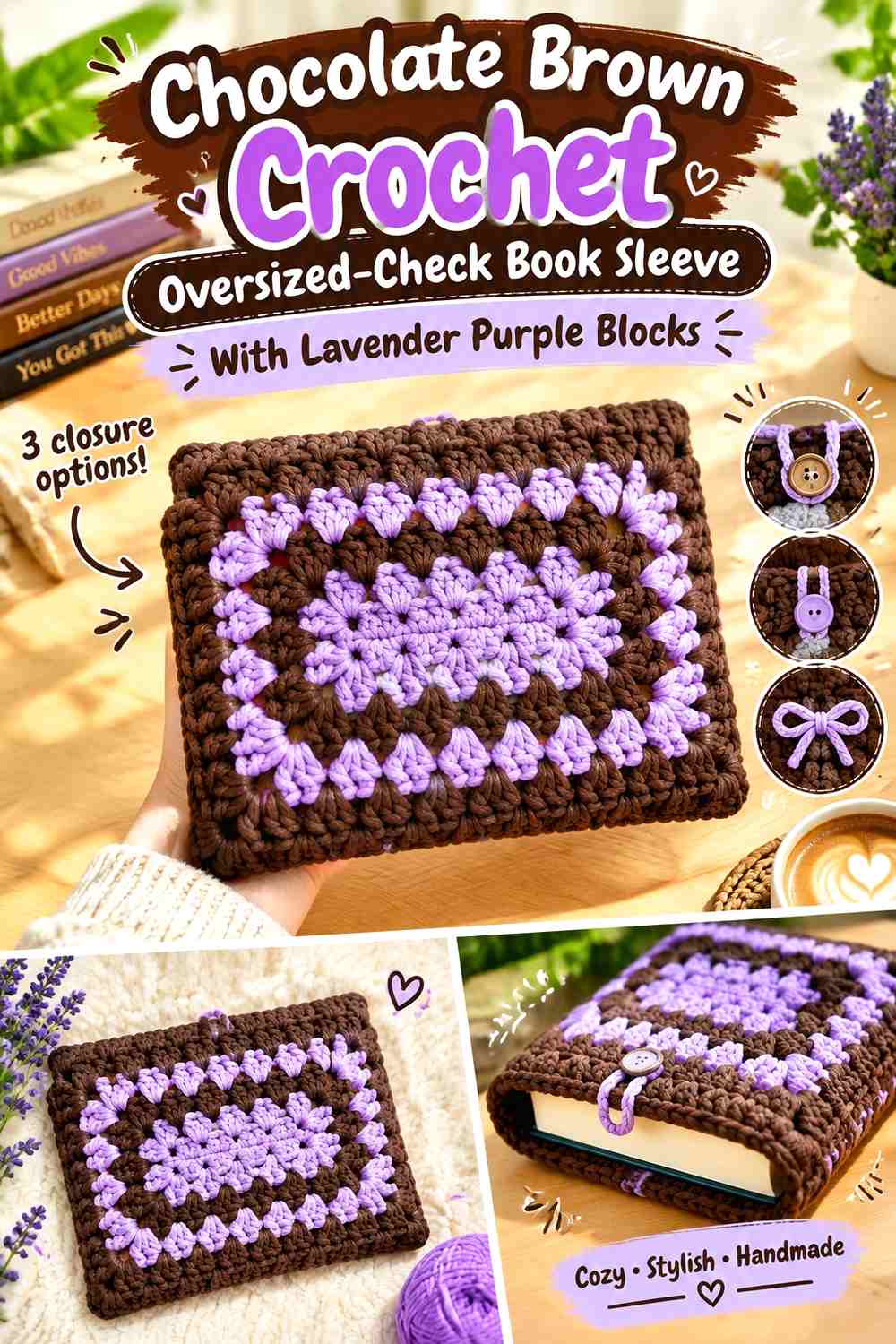 Chocolate Brown Crochet Oversized-Check Book Sleeve With Lavender Purple Blocks