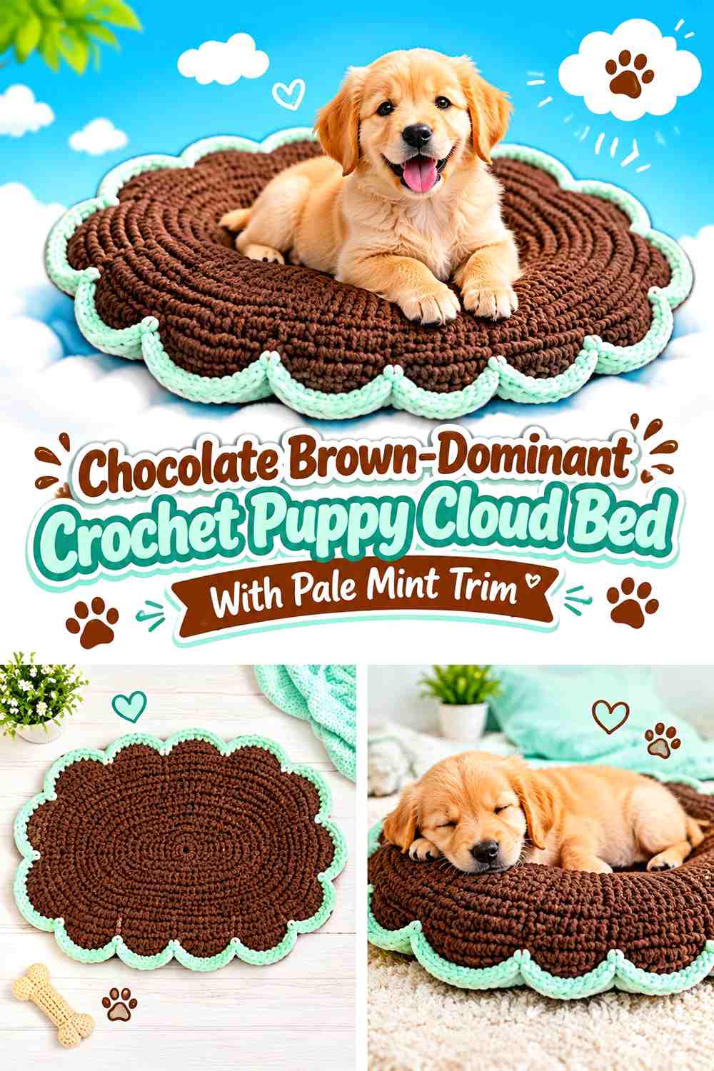 Chocolate Brown-Dominant Crochet Puppy Cloud Bed With Pale Mint Trim
