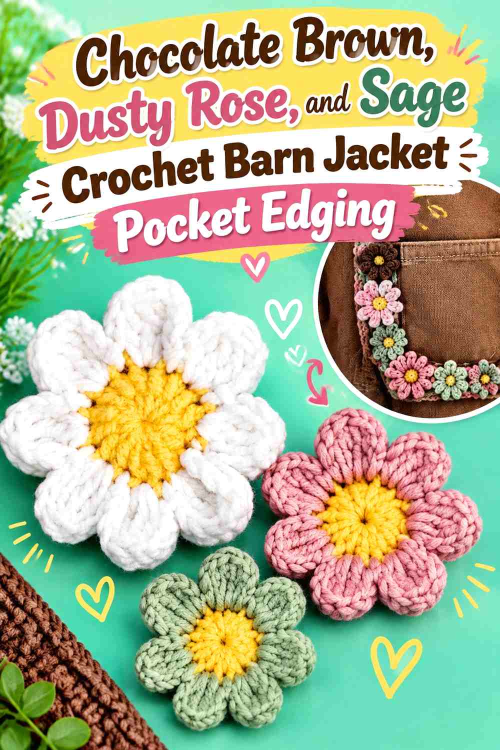 Chocolate Brown, Dusty Rose, and Sage Crochet Barn Jacket Pocket Edging