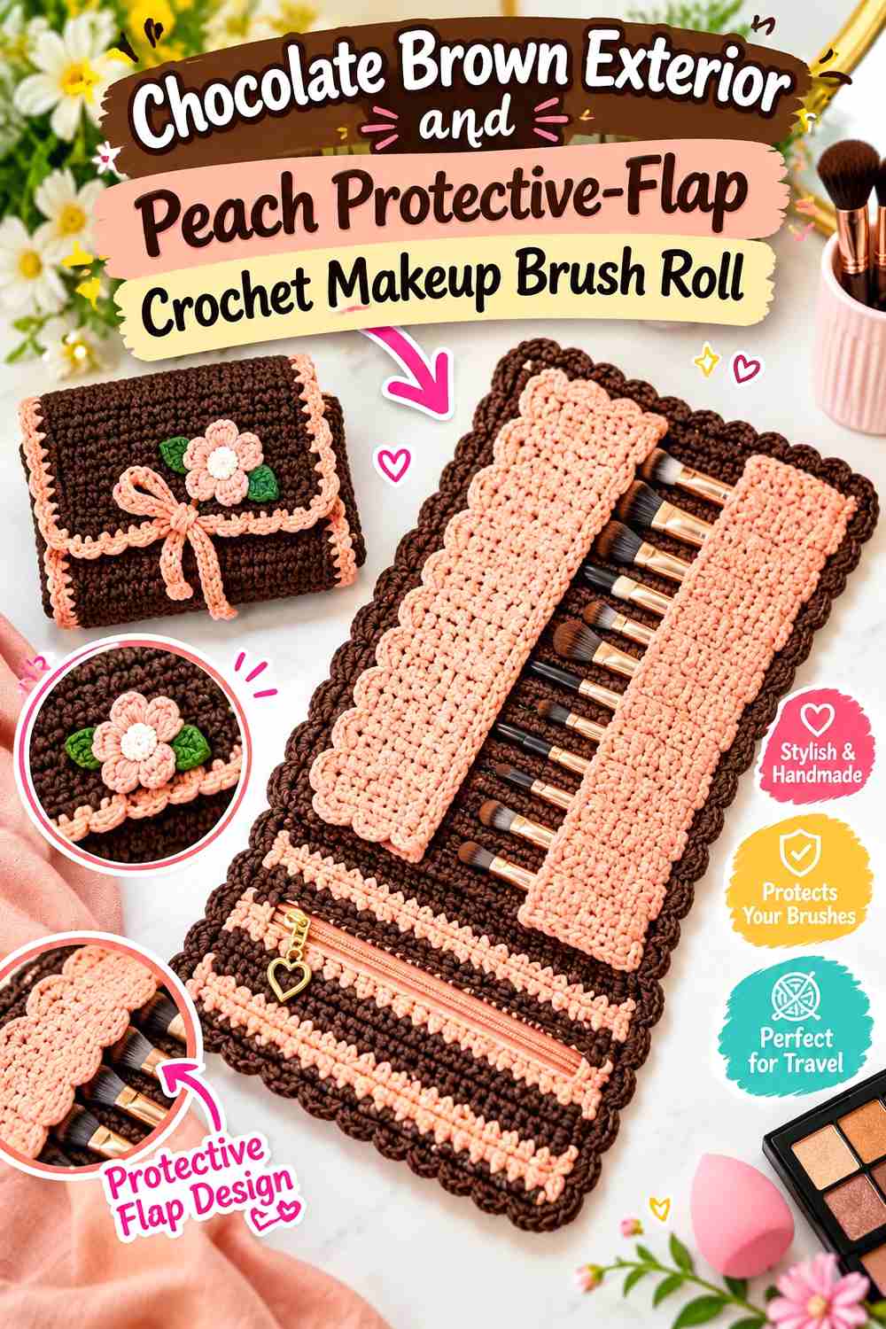 2. Chocolate Brown Exterior And Peach Protective Flap Crochet Makeup Brush Roll