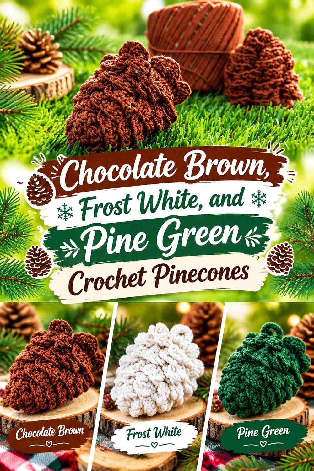 Chocolate Brown, Frost White, and Pine Green Crochet Pinecones