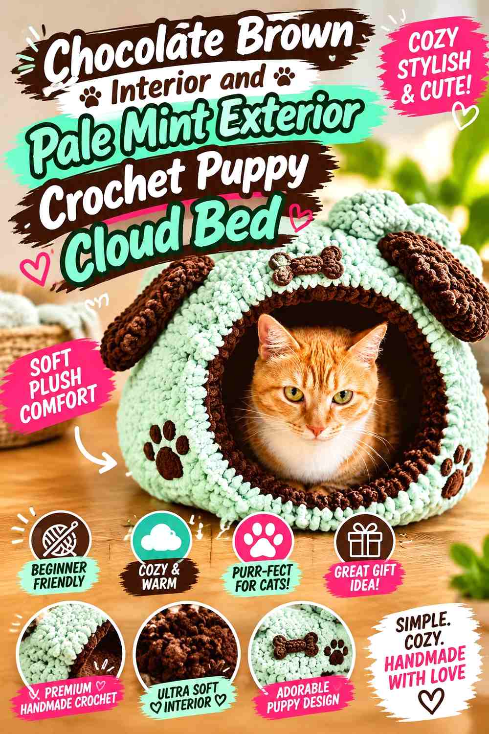 Chocolate Brown Interior and Pale Mint Exterior Crochet Puppy Cloud Bed