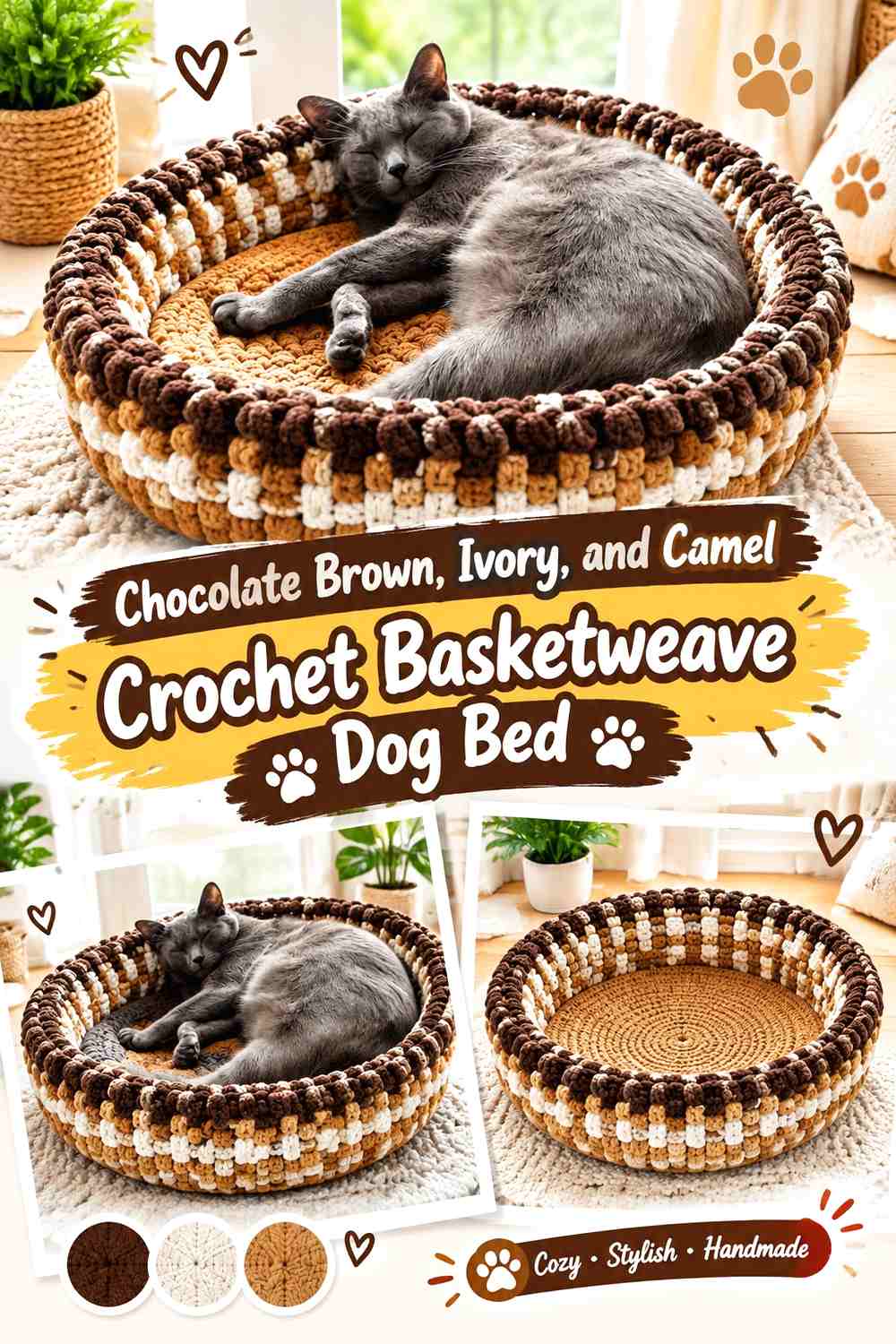 Chocolate Brown, Ivory, and Camel Crochet Basketweave Dog Bed