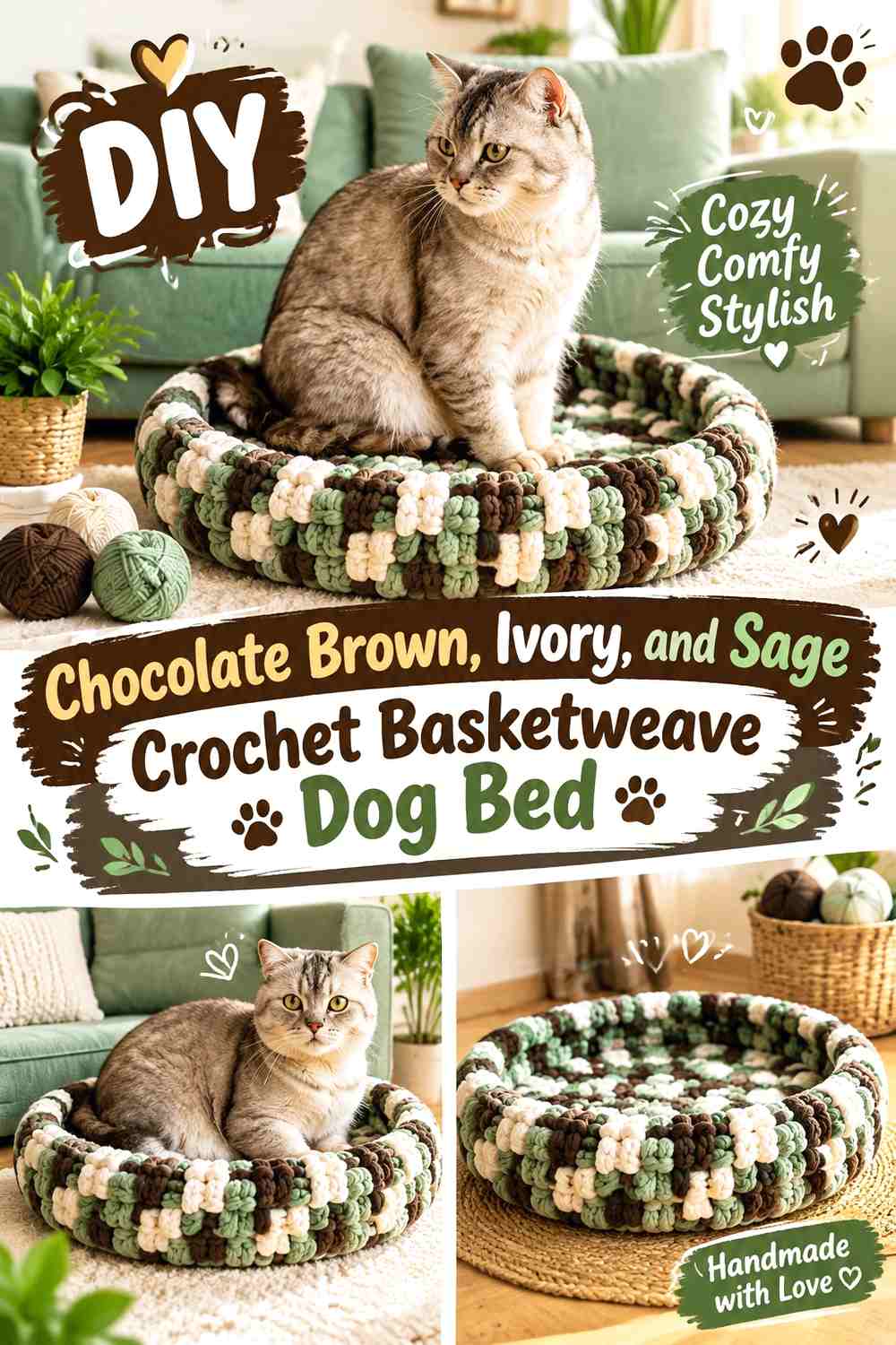 Chocolate Brown, Ivory, and Sage Crochet Basketweave Dog Bed