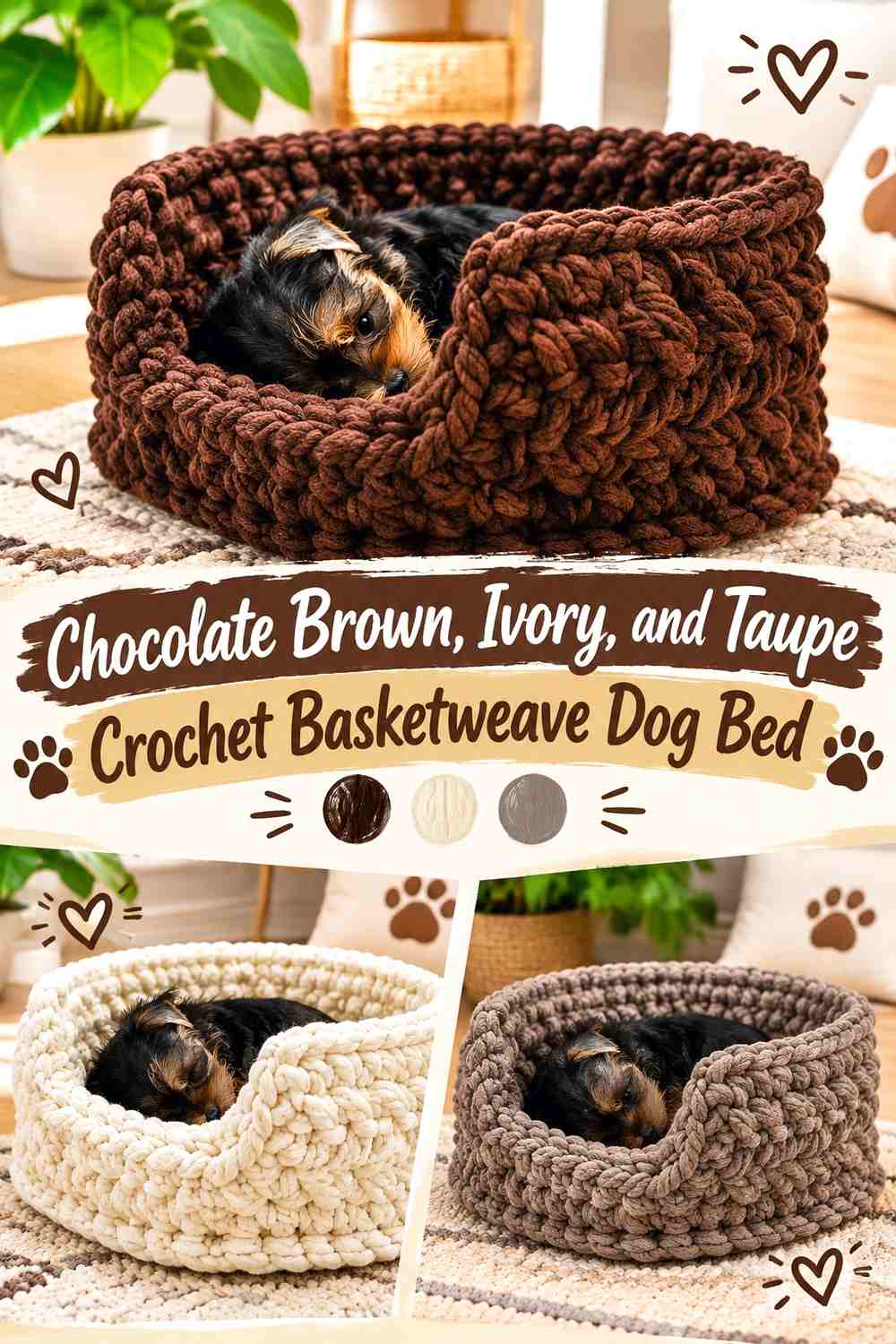 Chocolate Brown, Ivory, and Taupe Crochet Basketweave Dog Bed