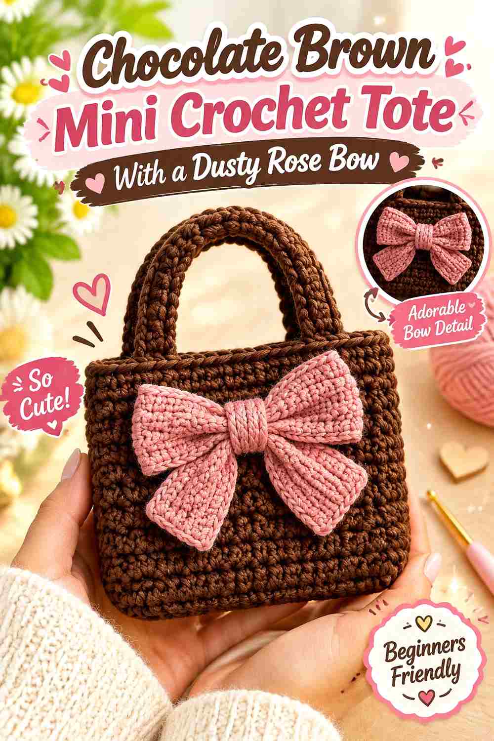 7. Chocolate Brown Mini Crochet Tote With A Dusty Rose Bow