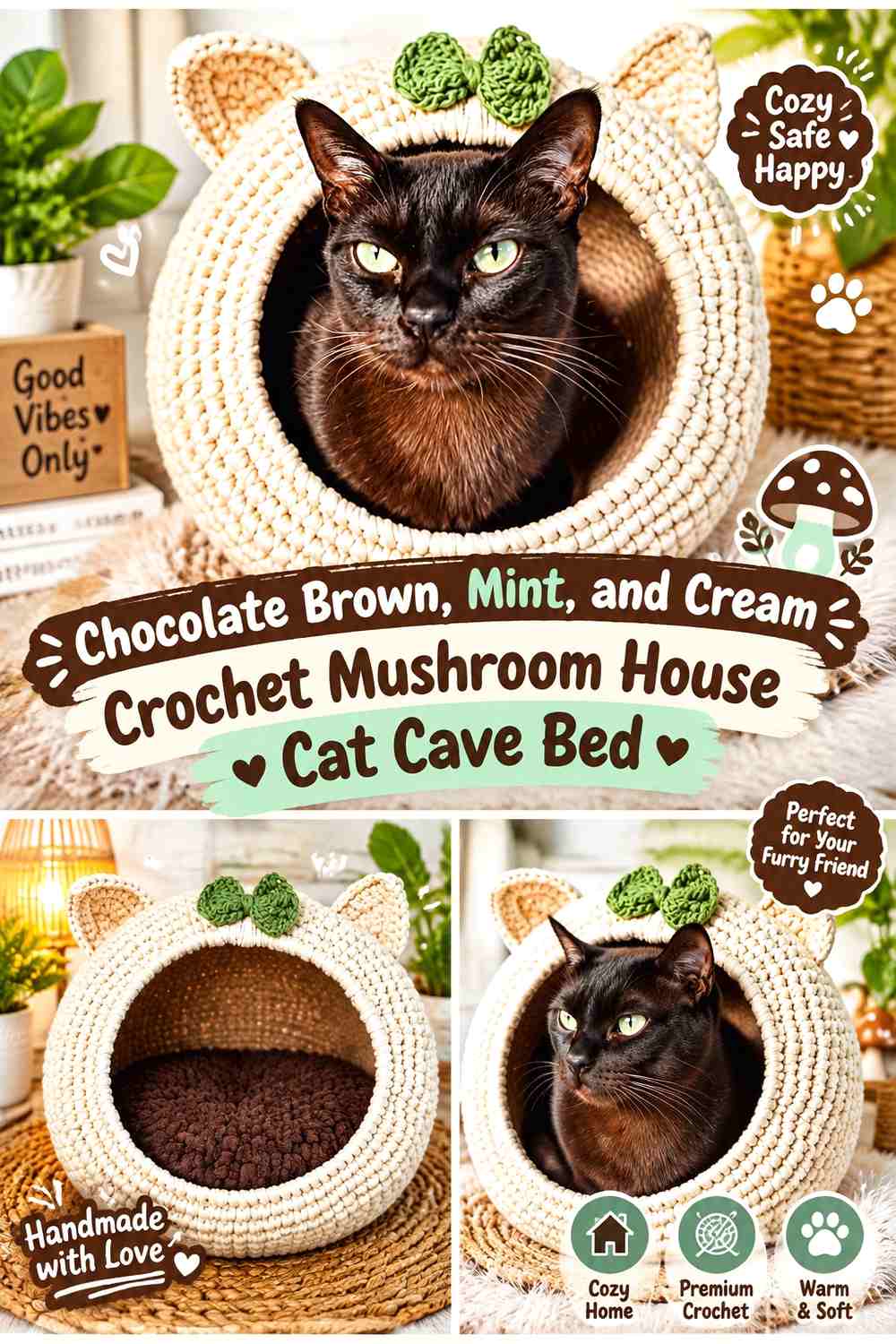 Chocolate Brown, Mint, and Cream Crochet Mushroom House Cat Cave Bed