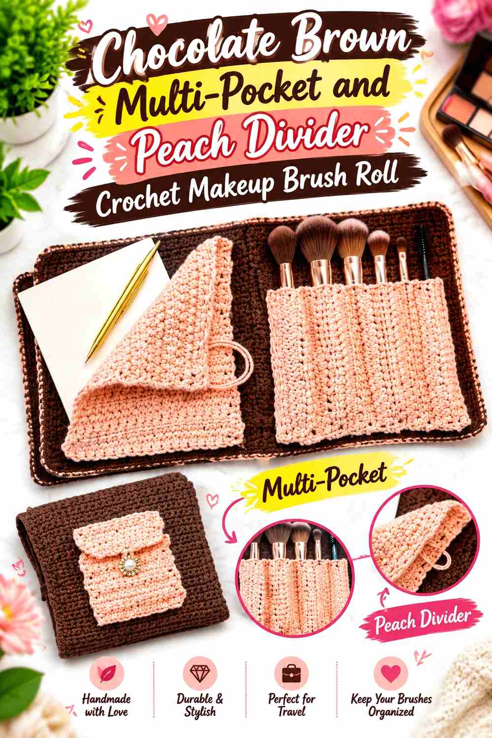 8. Chocolate Brown Multi Pocket And Peach Divider Crochet Makeup Brush Roll