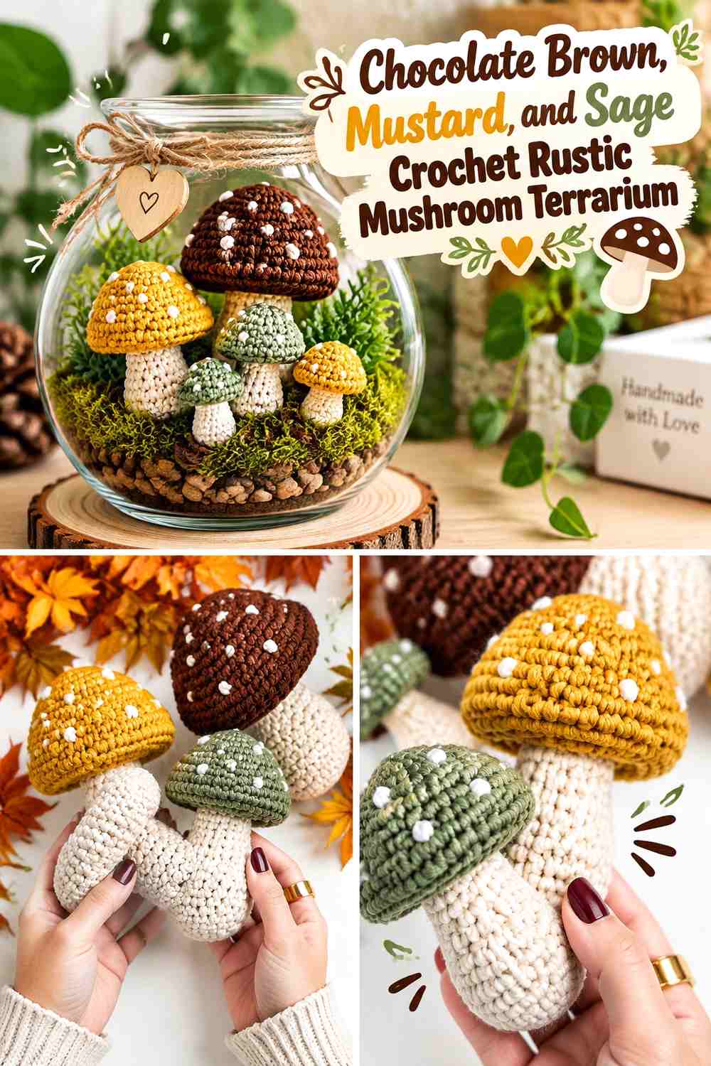 Chocolate Brown, Mustard, and Sage Crochet Rustic Mushroom Terrarium