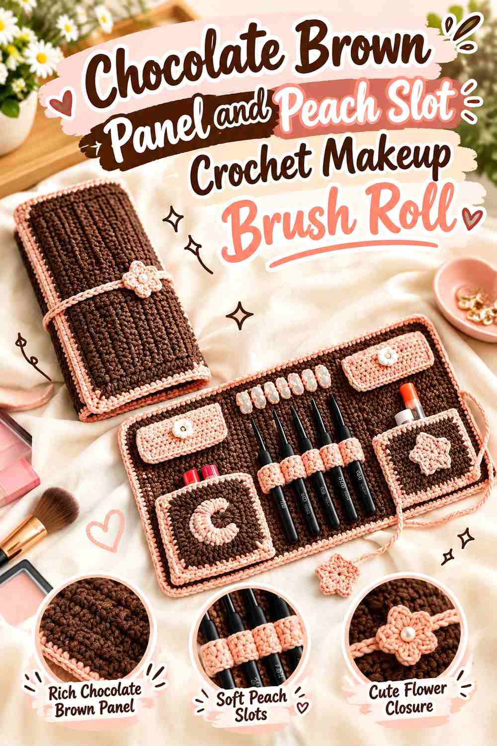1. Chocolate Brown Panel And Peach Slot Crochet Makeup Brush Roll