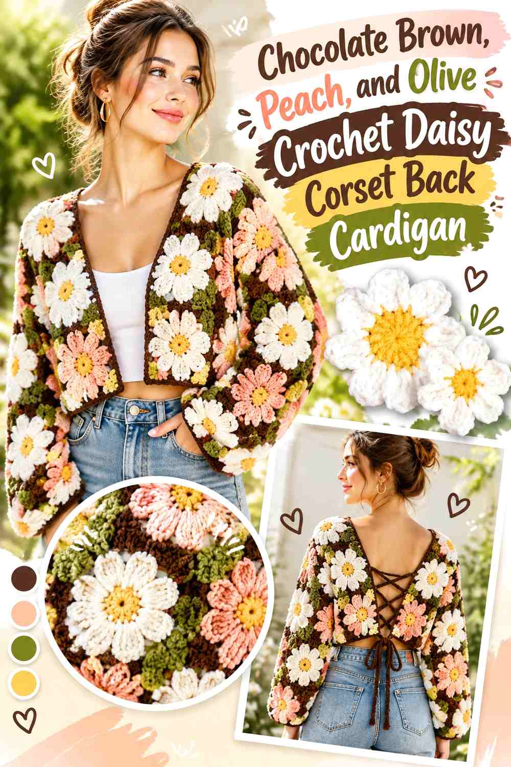 Chocolate Brown, Peach, and Olive Crochet Daisy Corset Back Cardigan