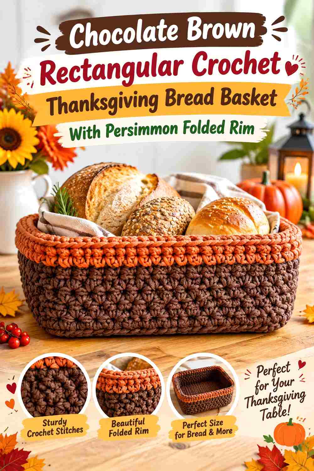 4. Chocolate Brown Rectangular Crochet Thanksgiving Bread Basket With Persimmon Folded Rim